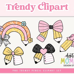 以下が含まれることがあります： リボンと虹が描かれた、カラフルな鉛筆のクリップアートのコレクションです。「Trendy Clipart」と「PNG Trendy Pencil Clipart Set」の文字が含まれています。デジタルアートはDigital Momma Design Studioによるものです。