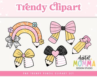 Composition, School, Classroom Graphics, Pencil Clipart, Hair Bow Clipart, Educator Design Elements, PNG & Printable PDF