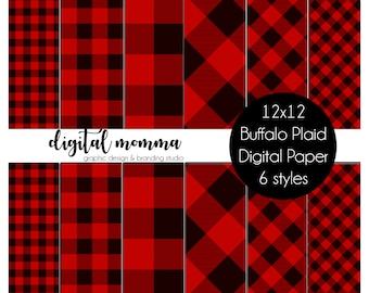 12x12 Buffalo Red/Black Plaid Digital Paper, Lumberjack Digital Paper, Holiday Plaid, Farmhouse, 300 DPI, .JPG, Instant Download!