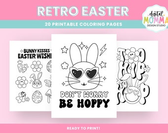 Coloriages de Pâques rétro groovy, 20 modèles à imprimer (PDF)