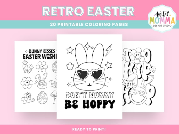 Retro Easter Coloring Pages, Printable PDF Coloring Pages, 20 Coloring Pages, Groovy Easter, Spring Coloring Pages, Instant Download!