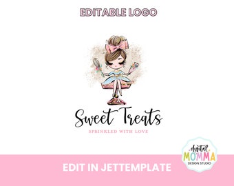 Editable Baking Girl Logo Design, Bakery Logo, Cakery Logo, Pink Baking Logo, Instant Download, You Edit!