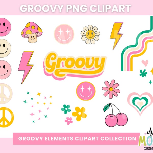 Groovy Clipart, Fun Retro Clipart, PNG Graphics, Groovy Hippie Clipart, Personal & commercial use, Instant Download!