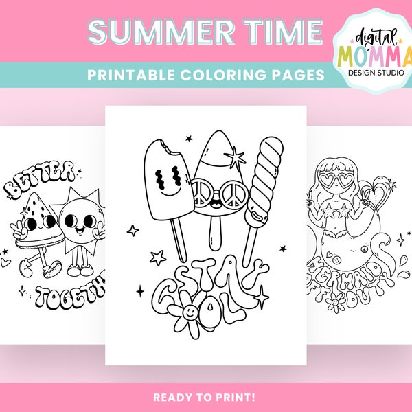 Groovy Summer Coloring Pages, Retro Summer Color Sheets, PDF Digital File, Printable Summer Coloring, Beach Vibes Coloring Pages, Classroom