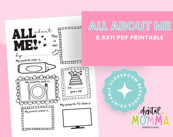 Printable All About me Classroom Resource, Worksheet, 8.5x11 Printable Color Page, Teacher Resource, PDF Digital File, Instant Download!