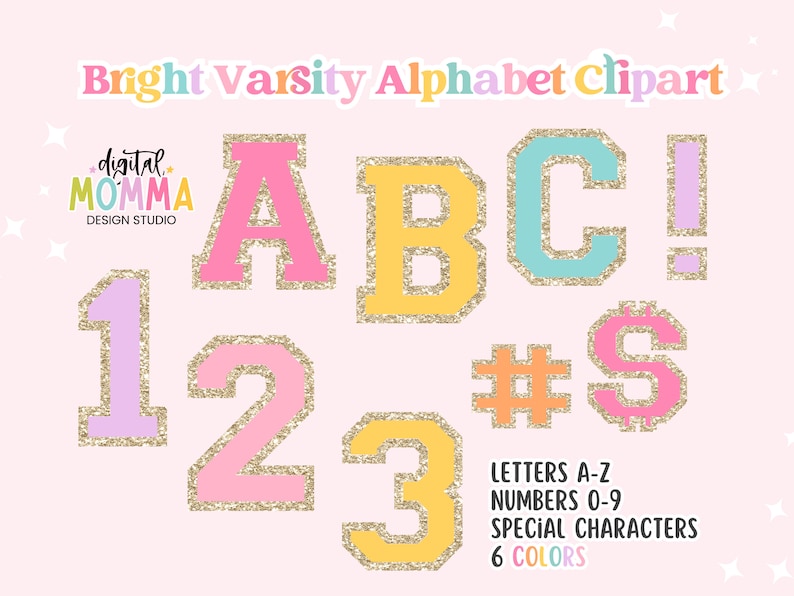 Bright Patch Glitter Varsity Alphabet Clipart PNG (Digital Download) image 1