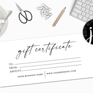Editable Gift Certificate Template, Gift Voucher, Printable Gift Certificate, You Edit, Instant Download!