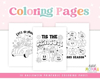 May include: Ten black and white printable coloring pages featuring Halloween themes. The pages include a car with ghosts, a pumpkin with spiderwebs, and a pumpkin with a heart that says "Hey Boo!"