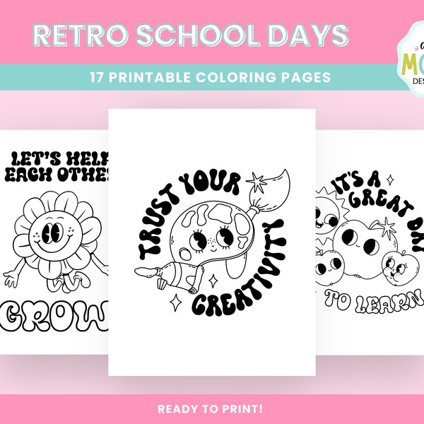 Printable Retro School Coloring Pages. Groovy Back To School Color Pages, PDF Digital File, Classroom Resource, Printable Activity