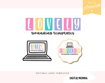 May include: A graphic design featuring the word "LOVELY" in pastel colors, with "branding templates" below. Includes laptop icons and the text "EDIT IN jettemplate" and "EDITABLE LOGO TEMPLATES". The bottom right corner says "DIGITAL MOMMA".