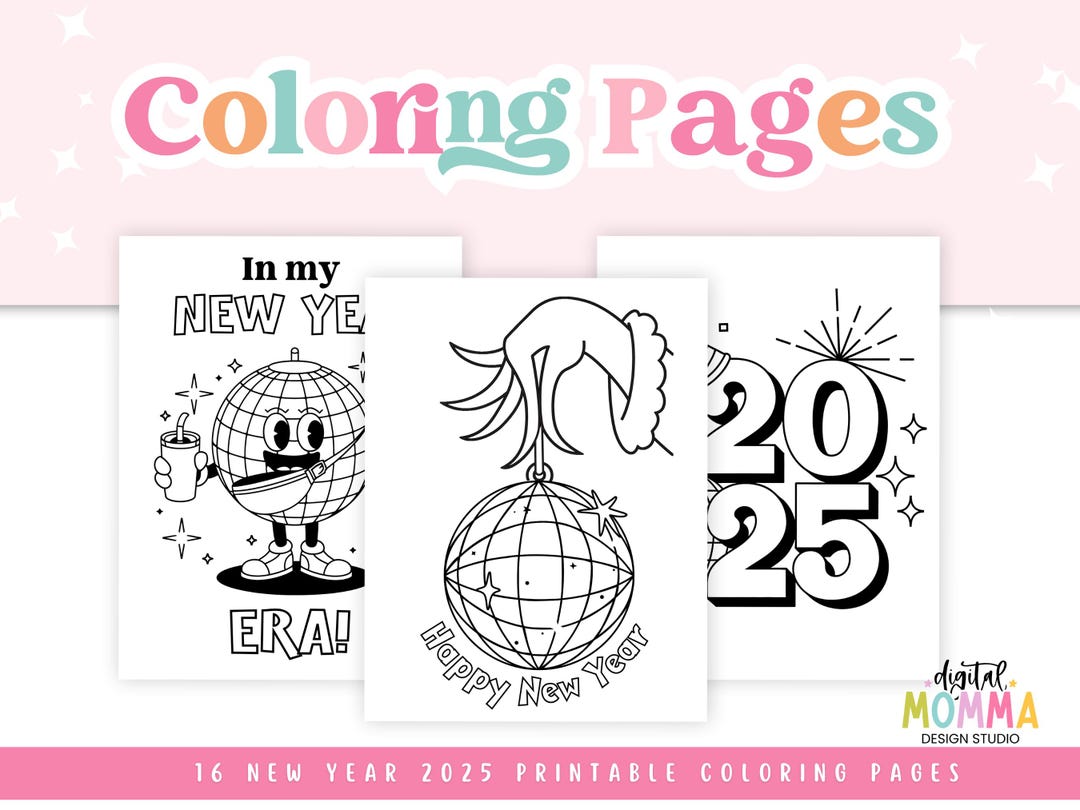 Printable Retro New Year 2025 Coloring Pages, Happy New Year Classroom ...