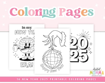 Printable Retro New Year 2025 Coloring Pages, Happy New Year Classroom Activity, Groovy New Year Coloring Pages, Coloring Activity, PDF File