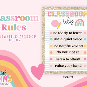 May include: A printable classroom rules poster with a rainbow, smiley face, and pencil design. The rules are: be ready to learn, use a quiet voice, be helpful and kind, do your best, listen to others, and raise your hand. The poster is 8x10 inches.