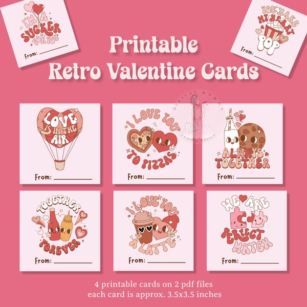 Printable Valentine Cards, Retro Valentine Cards, Groovy Valentine Cards, PDF Digital File, Valentine Card Template, You Print!