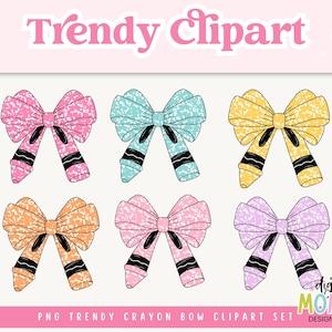 Peut inclure: Collection de six dessins de cliparts de nœuds colorés. Chaque nœud est d'une couleur différente, notamment rose, bleu, jaune, orange, rose et violet. Les nœuds sont conçus pour ressembler à des crayons. Le texte "Trendy Clipart" est en haut.