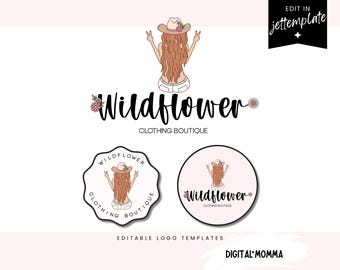 Editable Wildflower Logo Design, Girl Logo Template, Groovy Logo Template, Retro, Groovy Flower Logo, You Edit, Instant Download!