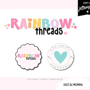 Könnte beinhalten: Zwei Logo-Designs für ein Unternehmen namens "Rainbow Threads". Das erste Logo zeigt den Text "Rainbow Threads" in bunten Buchstaben mit einem Herz am Ende. Das zweite Logo ist ein Kreis mit dem Text "Rainbow Threads" im Inneren und einem blauen Herzen in der Mitte.