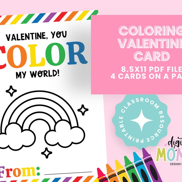 Printable Coloring Valentine Cards, PDF Valentine Cards, 3.5x5 Valentine Coloring Cards, Print & Cut!