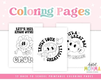 Printable Retro School Coloring Pages. Groovy Back To School Color Pages, PDF Digital File, Classroom Resource, Printable Activity