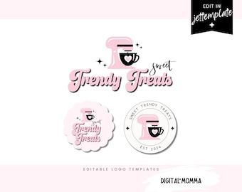 Retro Pink & Black Baking Logo, Editable Mixer Logo, Bakery Logo, Groovy Logo Template, DIY Baking Logo Template, Baking Logo, You Edit!