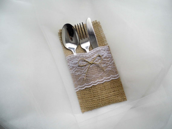 Wedding Silverware Holder Burlap And Lace Wedding Table Etsy