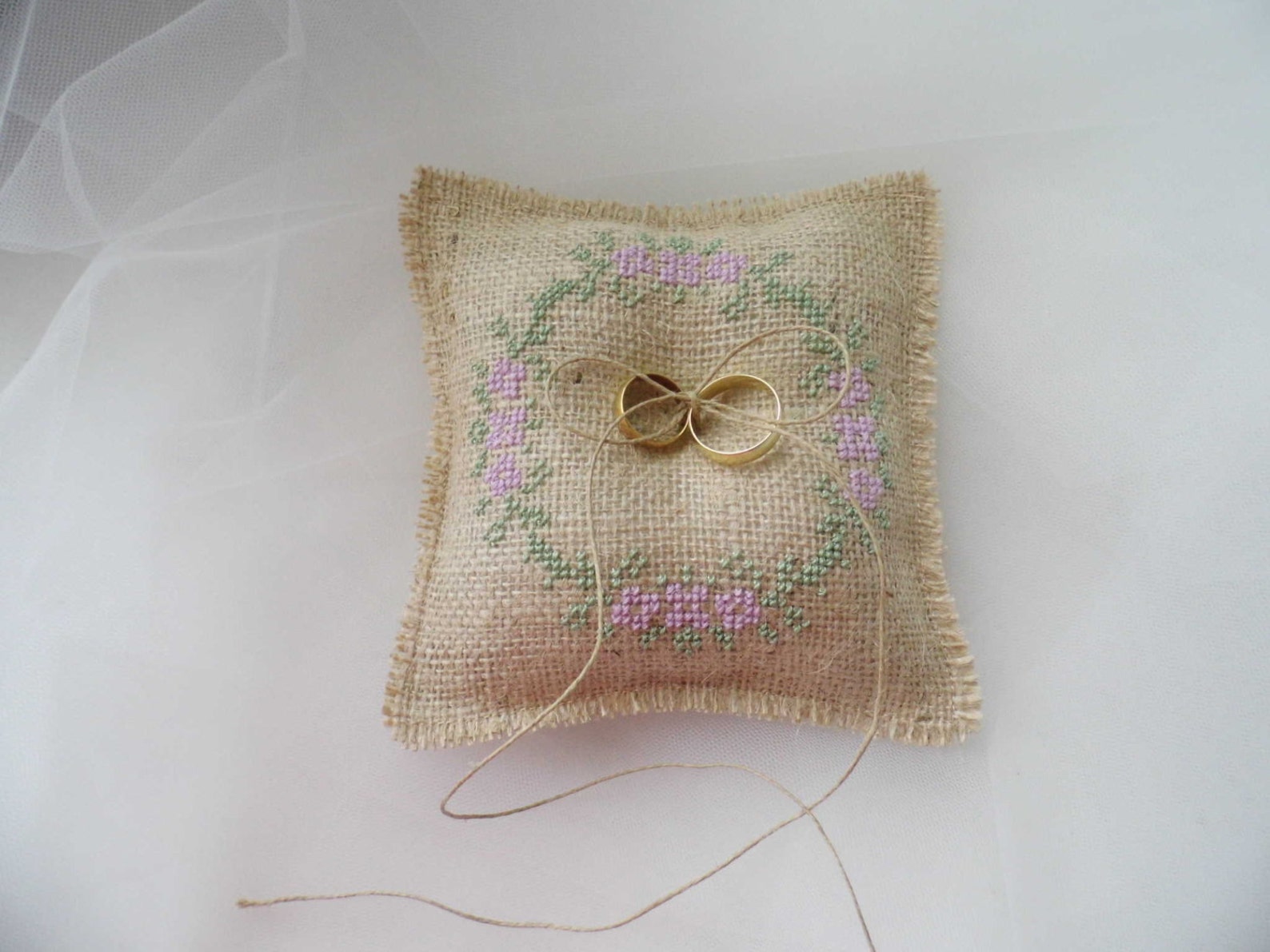 Ring Bearer Pillow Hand Embroidered Burlap Ring Pillow Etsy
