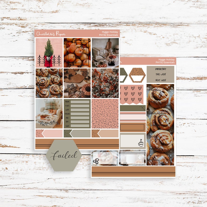 Hygge Holiday Photo Planner Sticker Kit, Gold Foiled Sticker Kit, Winter Christmas Holiday Vertical Weekly, PH192 image 1