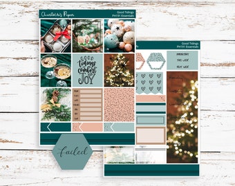 Good Tidings Photo Planner Sticker Kit, Light Pink Foiled Sticker Kit, Winter Christmas Holiday Vertical Weekly, PH191