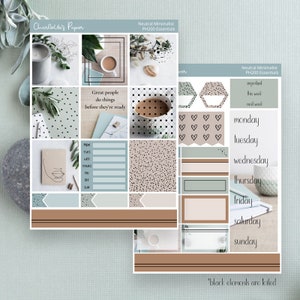 May include: A set of neutral minimalist planner stickers with a light blue, brown, and beige color scheme. The stickers feature a variety of designs, including coffee cups, hearts, and geometric shapes. The text "Great people do things before they're ready" is included on one of the stickers. The text "Neutral Minimalist PH200 Essentials" is included on two of the stickers. The text "Monday, Tuesday, Wednesday, Thursday, Friday, Saturday, Sunday" is included on one of the stickers. The text "Important, This week, Next week" is included on one of the stickers. The text "Black elements are foiled" is included at the bottom of the image.