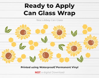 Sunflowers with Hexagons | Ready to Apply Vinyl Decal for 16oz Beer Can Glass | Libbey Can Glass Wrap | Peel and Stick Can Glass Wrap