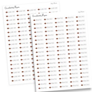 May include: Two sheets of white stickers with text and football graphics. One sheet says "Game Day" and the other says "Practice". The stickers are from "Charlotte's Paper" and "Lily & Bloom".