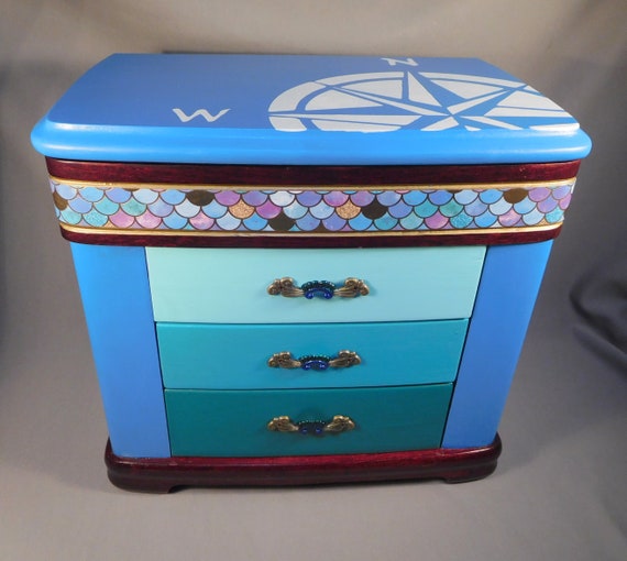 Hand Painted Coastal Beach Jewelry Box Chest Vintage … Gem
