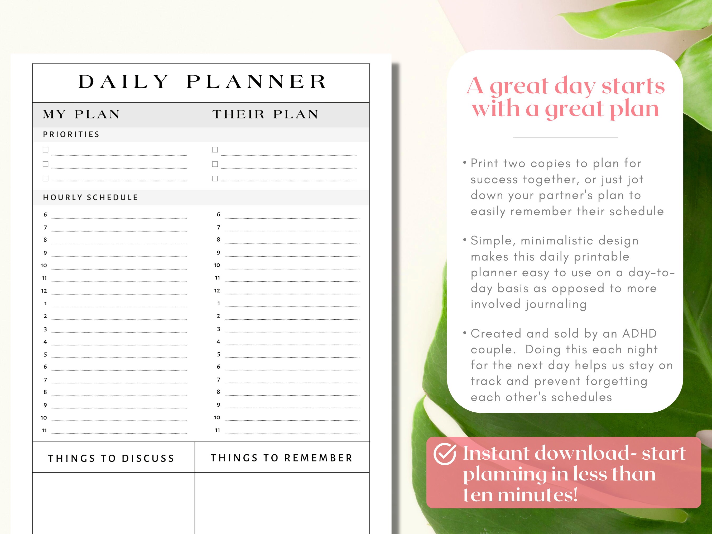 Printable Couple's Daily Planner With Priorities To-do List | Hourly ...