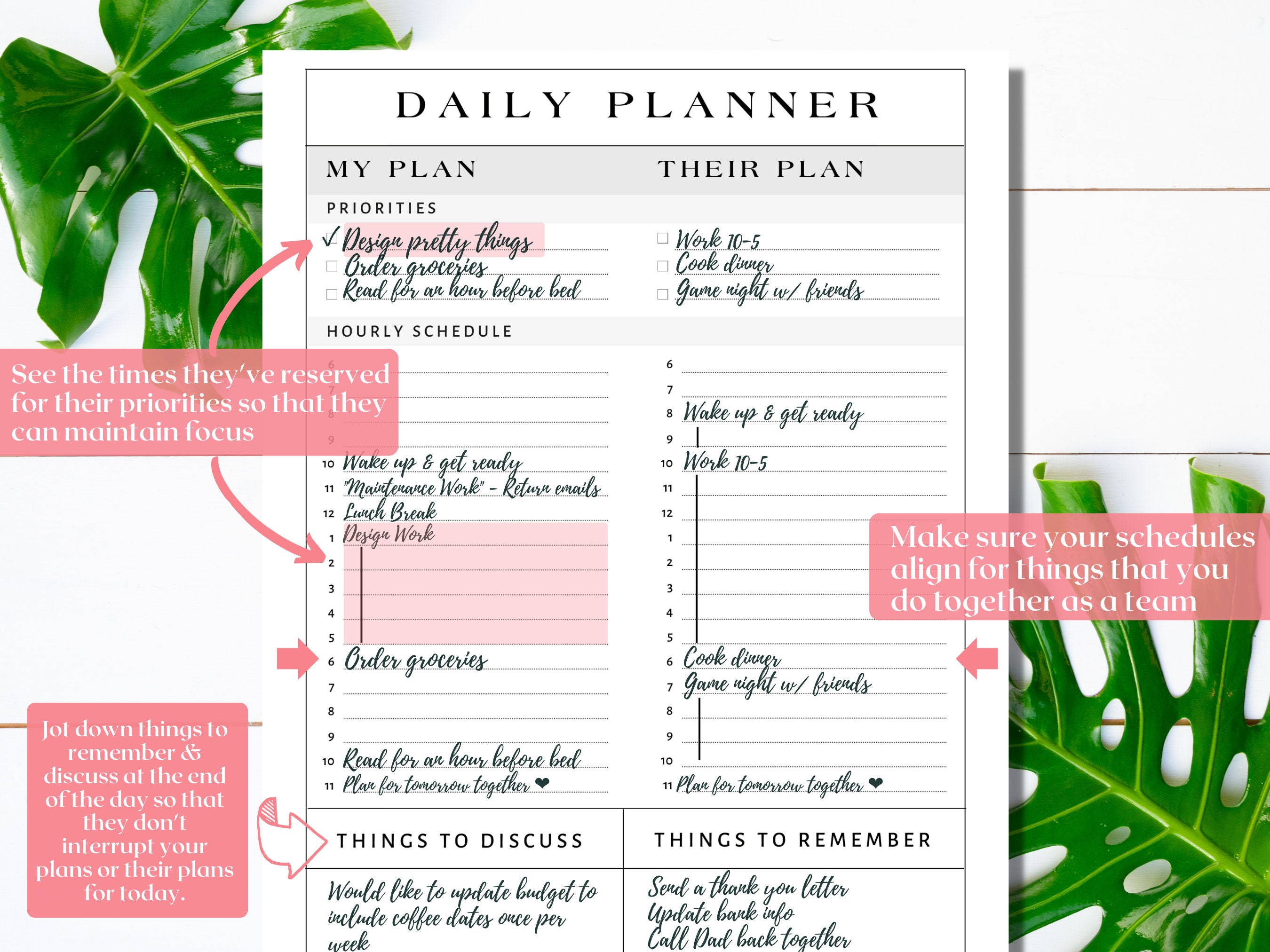 Printable Couple's Daily Planner With Priorities To-do List | Hourly ...