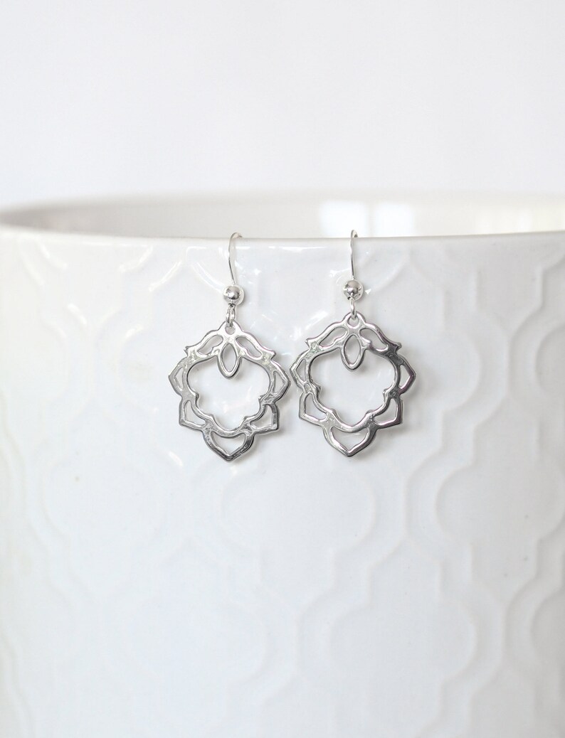 Oriental Earrings Jewelry Gift Rhodium Plated Charms Oriental Dangle Earrings Gift for Her Silver Earrings Morroccan Diamond
