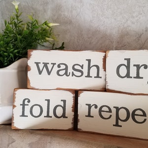 Laundry Sign Block Set, Tiered Tray Signs, Wash, Dry, Fold, Repeat, Laundry Room Decor, Primitive Laundry Room Sign, Farmhouse Signs,
