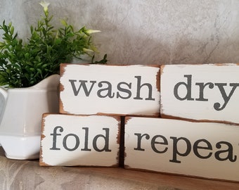 Laundry Sign Block Set,Tier Tray Laundry Signs, Wash, Dry, Fold, Repeat, Laundry Room Decor, Laundry Room Signs, Farmhouse Signs