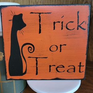 Trick or Treat Halloween Black Cat Wood Tier Tray Sign