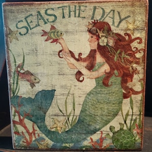 Seas the Day Mermaid Wood Sign - Mermaid Beach House Decor - Mermaid Tier Tray - Nautical - Coastal - Girls Mermaid Room Decor