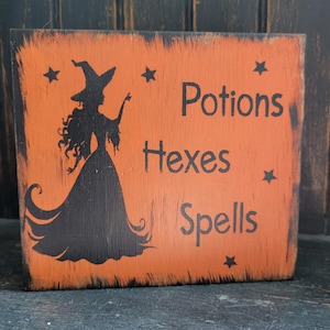 Primitive Witchy Potions Hexes Spells Halloween Sign, Tier Tray Decor