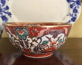 Imari Bowl with Gold Rim, Large Asian Porcelain Glazed Bowl Cinnabar Red, Blue White, Imari Gift Idea, Chinoiserie Asian Decor