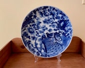 Large Blue White Chinoiserie Plate, Vintage 14 Inch Asian Charger, Blue White Imari Decor, Chinoiserie Wall Decor, Footed Large Shallow Bowl