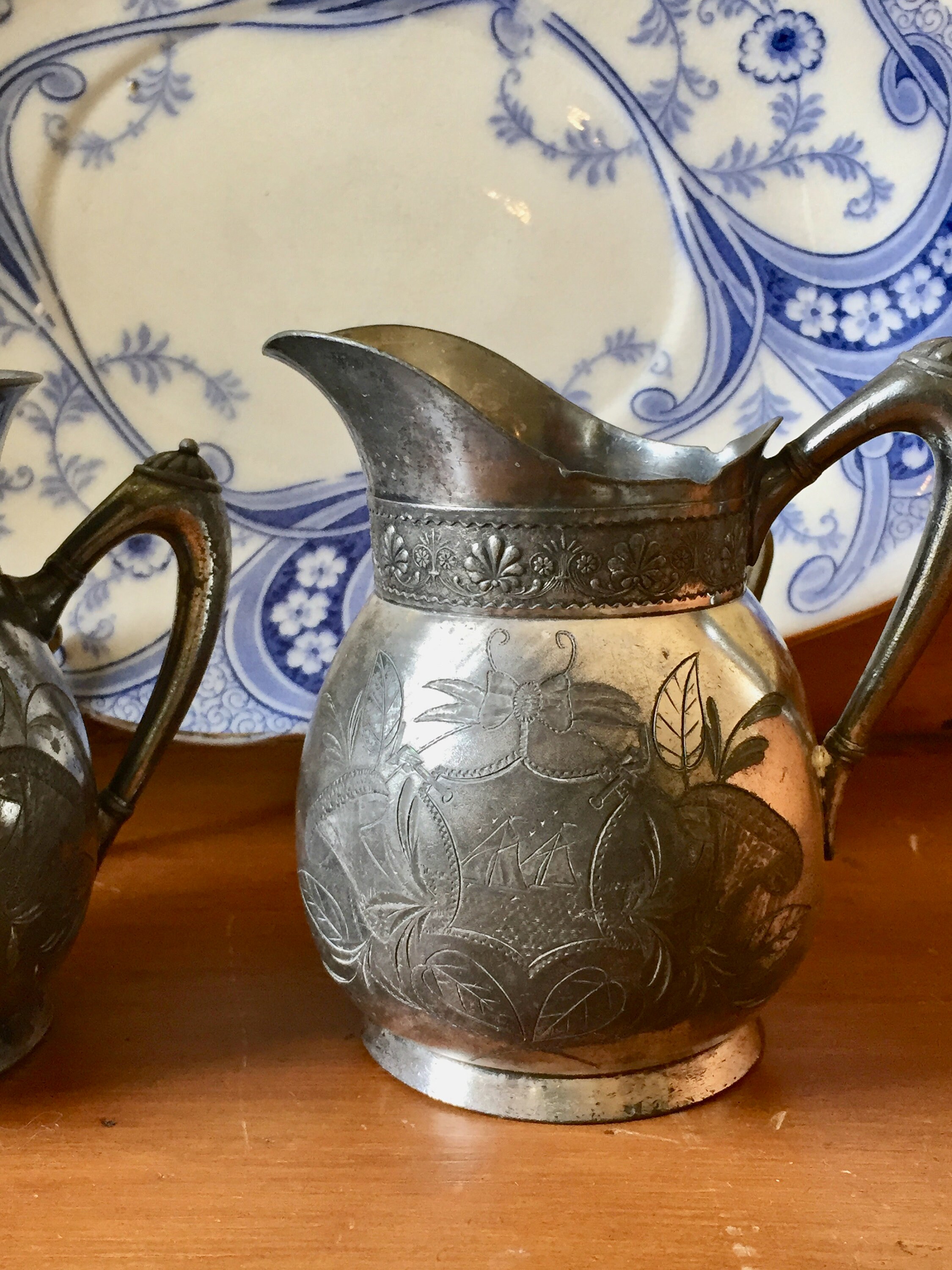 Antique Silver Creamer and Sugar, Aesthetic Movement Silver Plate 1860