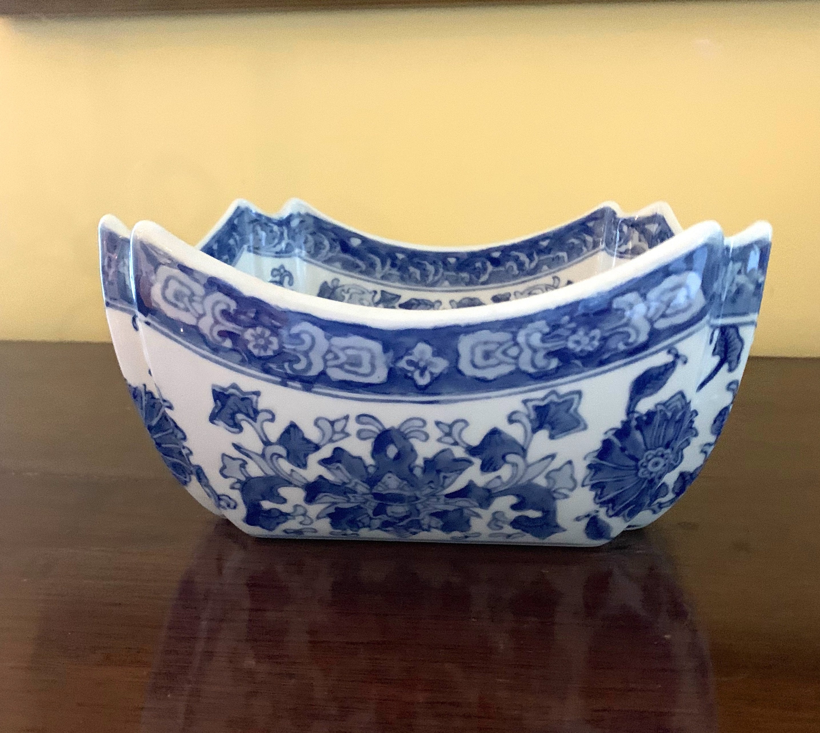 Chinoiserie Square Bowl, Large Blue White Square Scalloped Accent Bowl