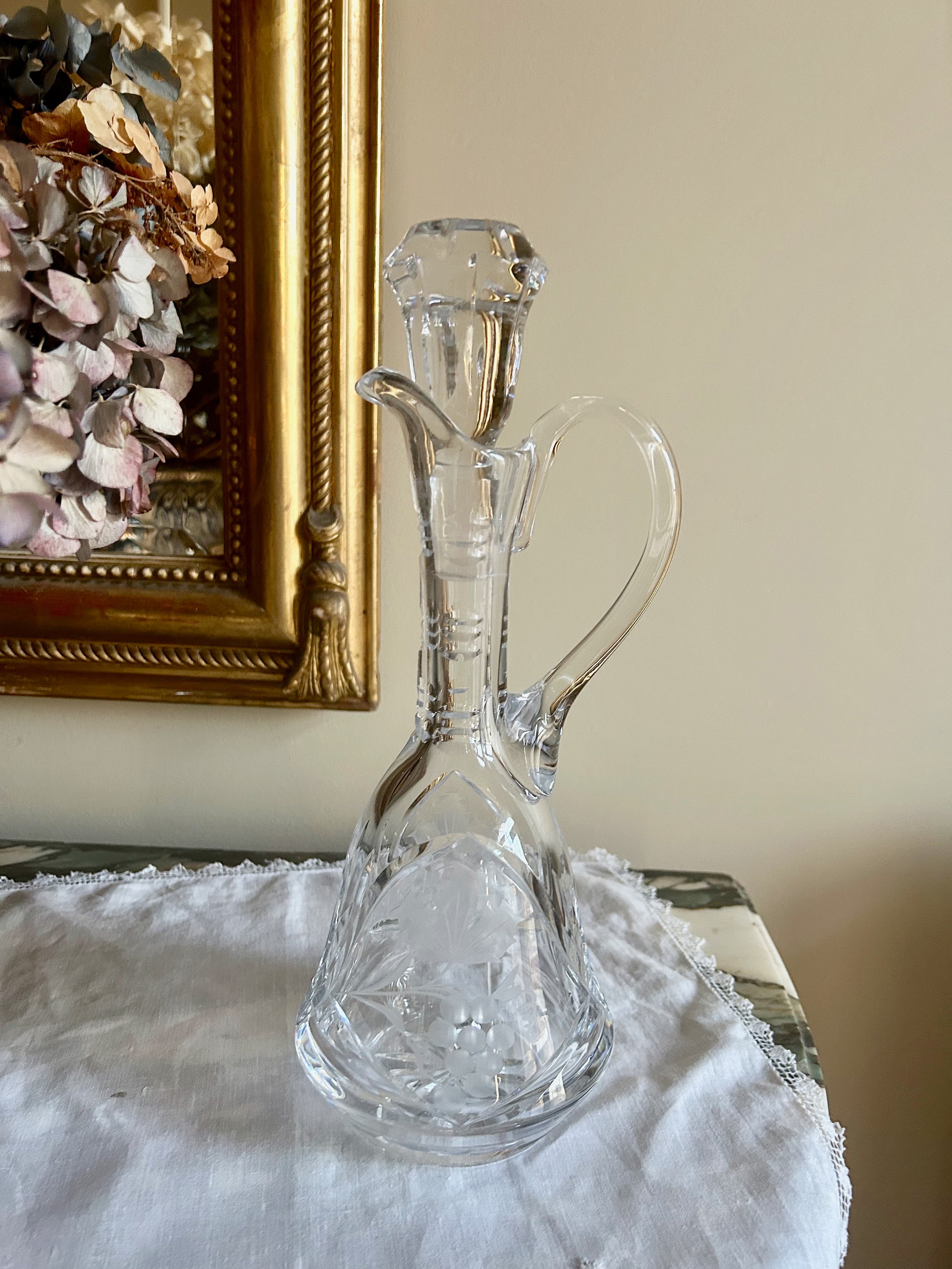Crystal Carafe with Handle, Cut Crystal Wine Decanter with Cut Grape Leaves and Grapes Pattern