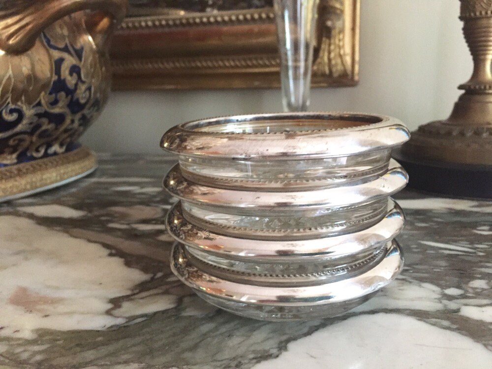 Vintage Silver Plate Glass Coasters Set of 4 Made in Italy, Sunburst