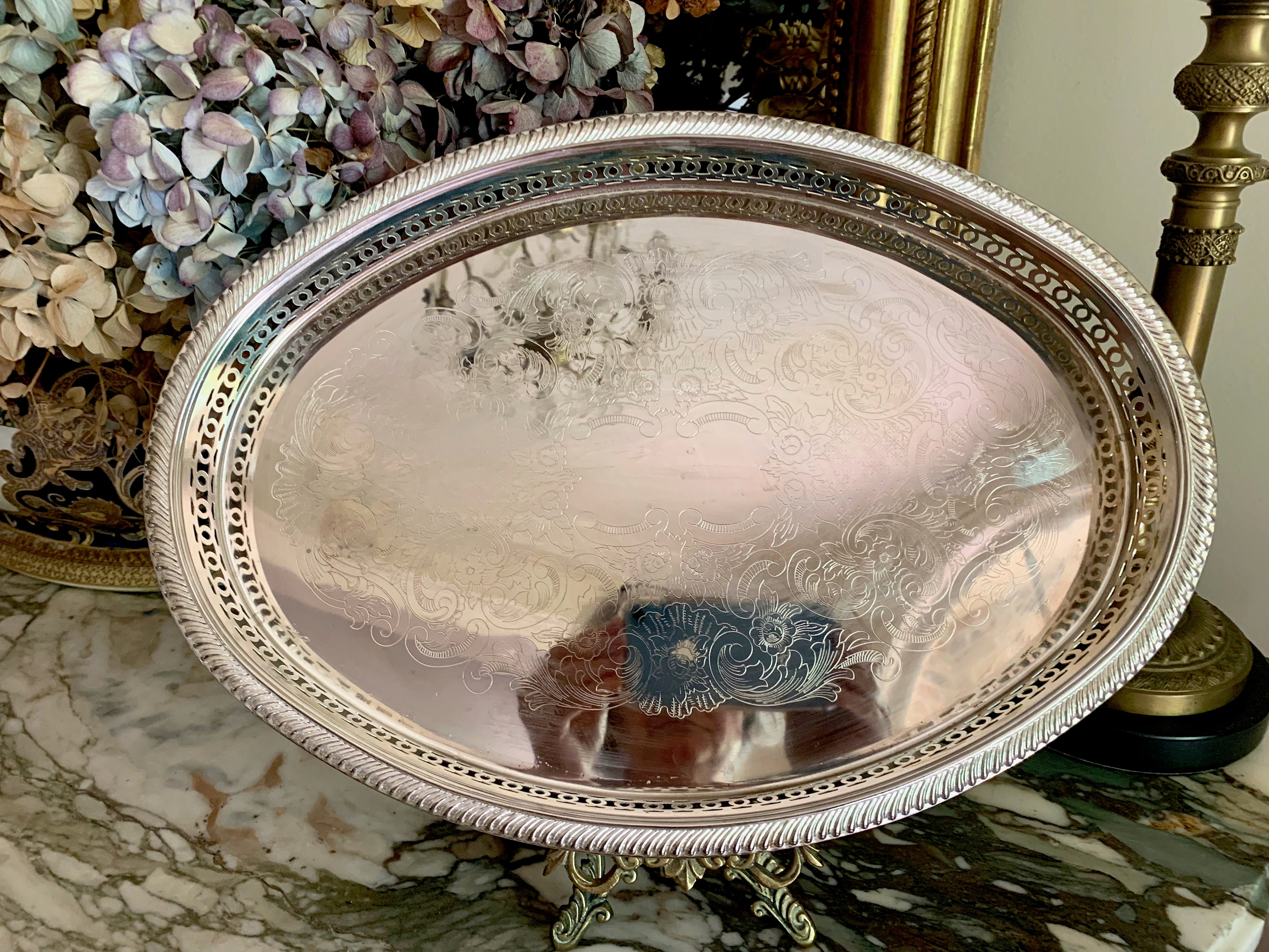 Oval Silver Gallery Tray, Vintage Silver Plate Gallery Tray, Decorative