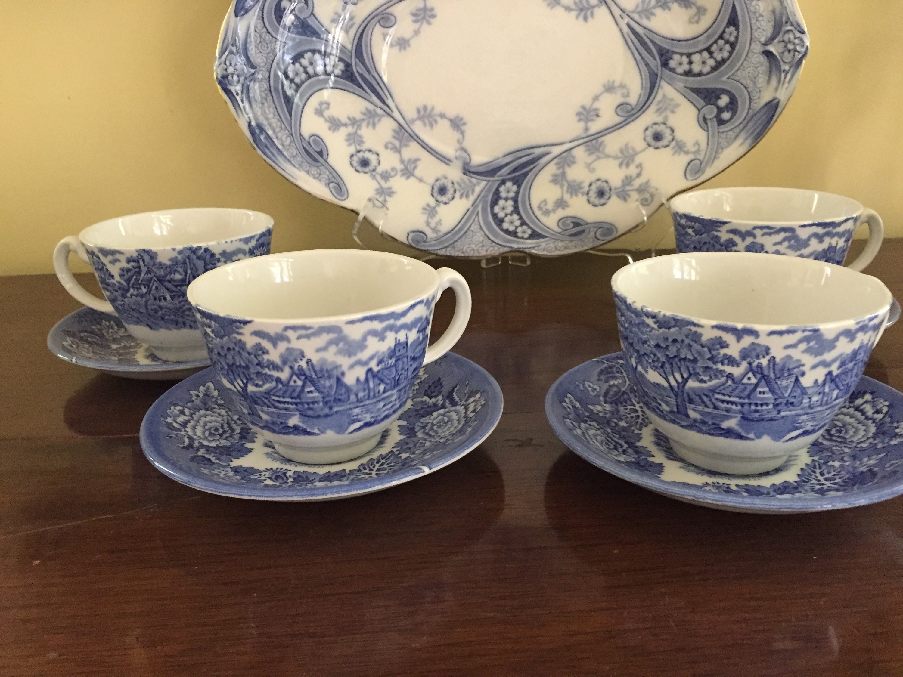 Woods and Sons English Scenery Blue White Cups and Saucer, Set of 4