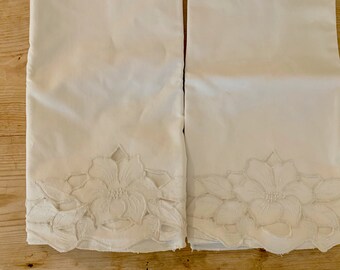 Cream Cutwork Pillowcases, Floral Cutwork Hem, Standard Size Pillowcases, Ivory Cotton Bed Linens