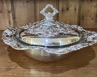 Silver Covered Casserole Repousse' Floral Pattern,1.5 Quart SilverPlate Lidded Casserole Glass Insert, Wedding Bridal Gift, Holiday Serving